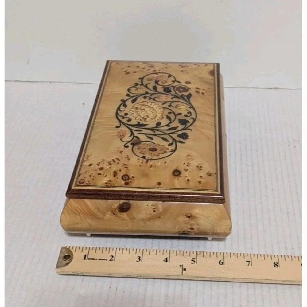 Vtg Reuge Musiceerk Inlaid Wood Music Jewelry Trinket Box 6.5x10 Made In Italy